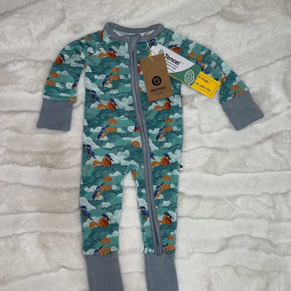 Kind‎ thing 2 way zip baby romper footie pj fold over hand feet bird print NWT